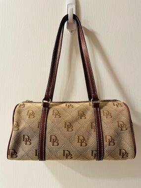 Dooney & Bourke Beige and Brown Monogram Barrel Shoulder Bag